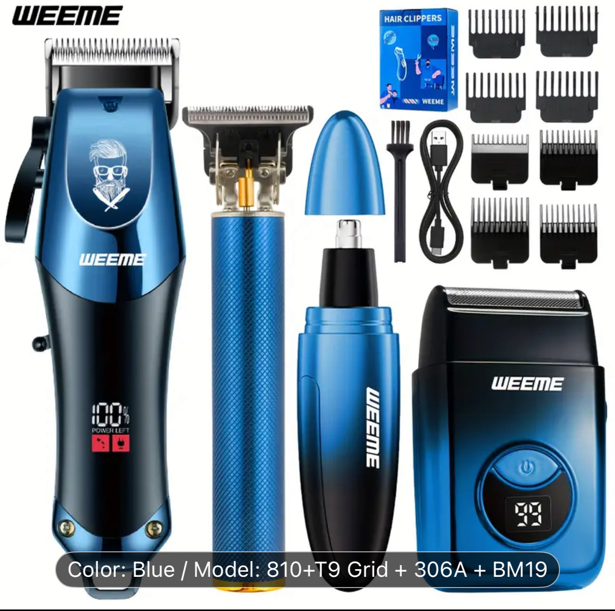 WEEME 4pcs Men's electric hair clipper, nose hair clipper, shaver set - wireless USB charging professional hair clipper set with lithium battery - his ideal gift, hair accessories | modern hair clipper tools | fashionable blue gradient design