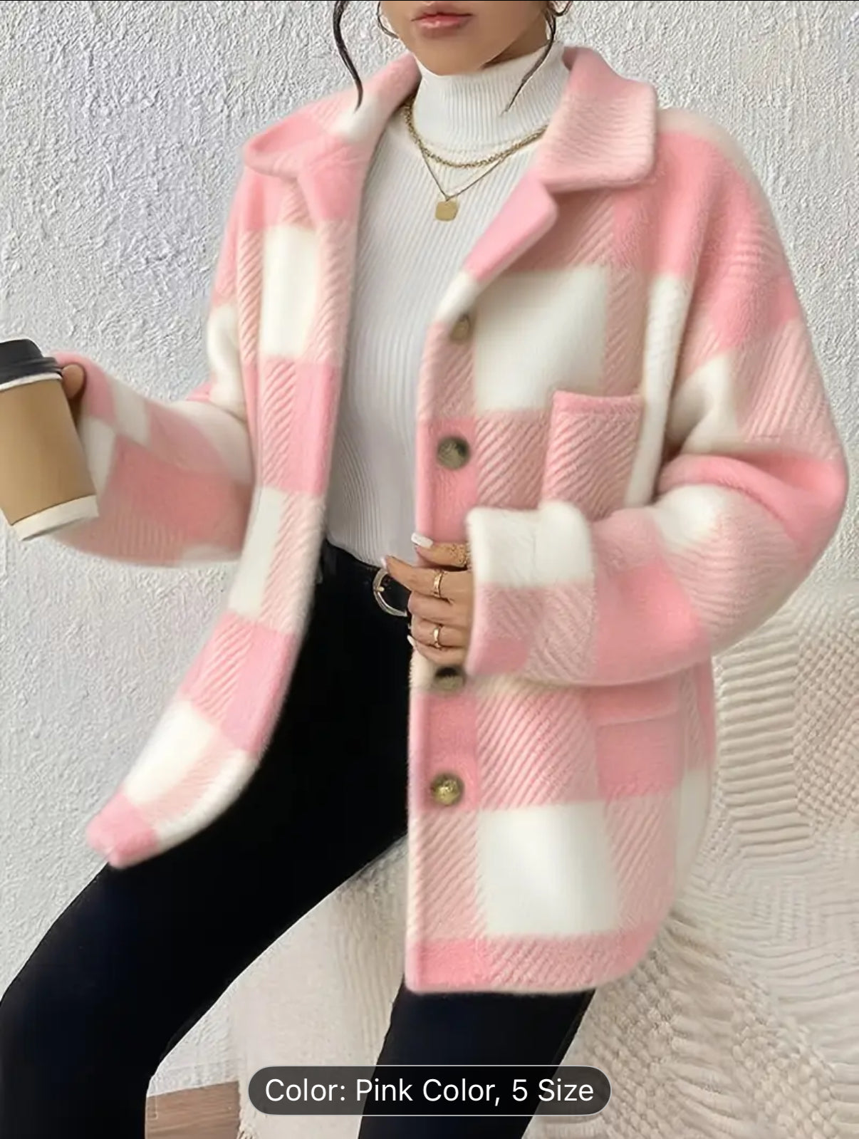 Women'S Elegant Plaid Faux Fur Jacket with Button Front - Cozy Fall/Winter Casual Outerwear, & Checkered Pattern, Long Sleeve, Button-Up Design, Perfect for Casual Attire, Winter Jacket