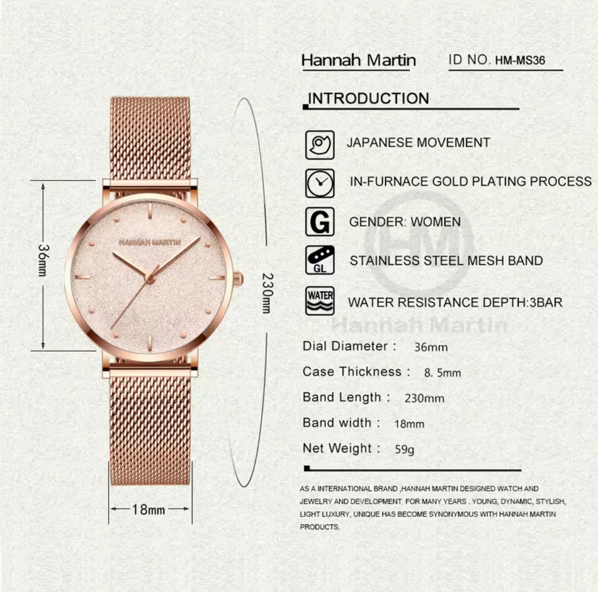 2025 New Women's Luxury Watch Matte Dial Japanese Quartz Movement Stainless Steel Mesh Strap Hannah Martin Brand Original Watch