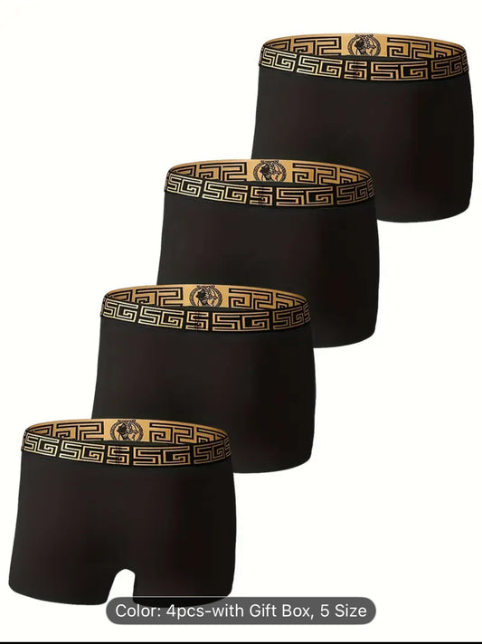 4pcs Black and Golden Boxer Briefs - Soft, Breathable Viscose, Comfortable Daily Wear for Men, Slim Fit with Elasticity, Solid Color Design, Casual Underwear|Boxer Briefs|Boxers as a Gift