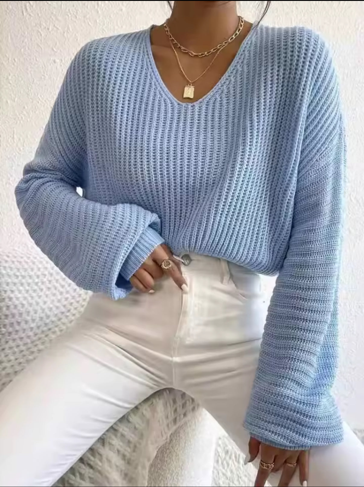 Autumn Winter Versatile Casual Knitted Female Tops V Neck Pullovers Women Solid Color Loose Lantern Long Sleeve Sweater Jumpers