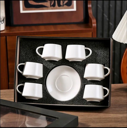 12pcs Ceramic Coffee Cup and Saucer Set - Round, Reusable & Versatile