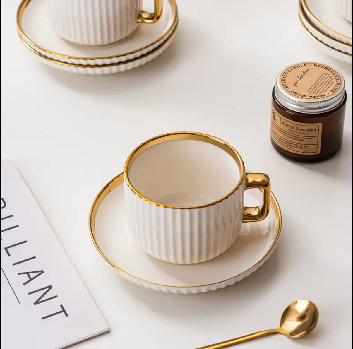 6 Sets, Ceramic Coffee Cup and Saucer Set with Spoons, Includes 2 Cups, Plates and 2 Spoons, Golden Edge Design, Suitable for Afternoon Coffee, Tea Drinking, Home Water Drinking Cup, High-looking Cup and Plate Set for Family Kitchen Life, Holiday Gifts