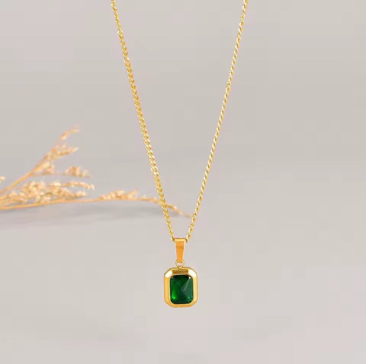 OIMG 316L Stainless Steel Gold Plated Emerald Zirconia Geometric Square Pendant Necklace For Women Girls Temperament Jewelry