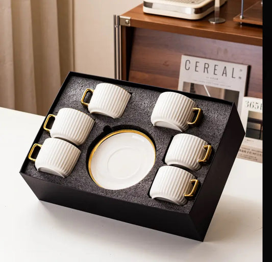 6 Sets, Ceramic Coffee Cup and Saucer Set with Spoons, Includes 2 Cups, Plates and 2 Spoons, Golden Edge Design, Suitable for Afternoon Coffee, Tea Drinking, Home Water Drinking Cup, High-looking Cup and Plate Set for Family Kitchen Life, Holiday Gifts