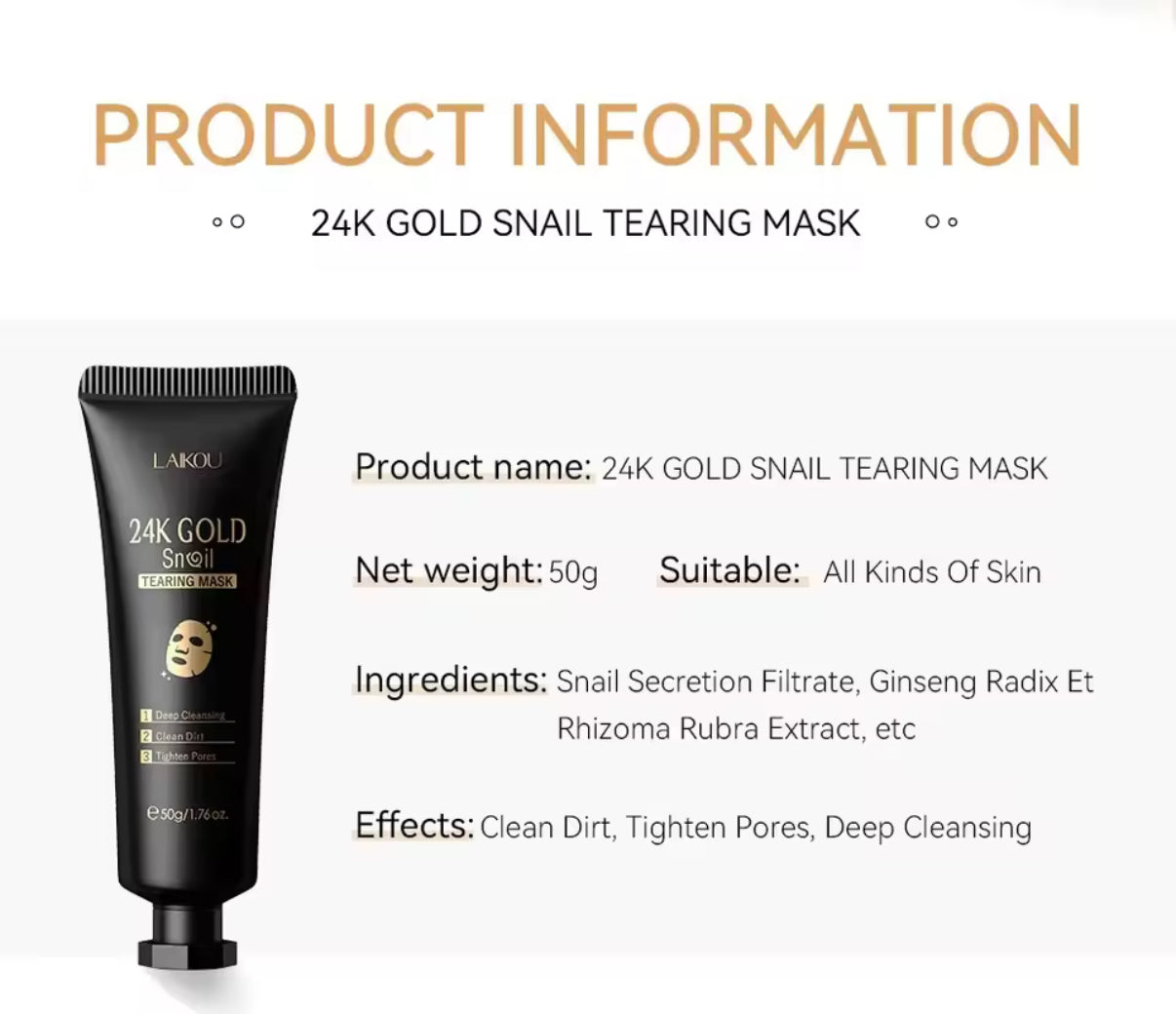 LAIKOU 24K Gold Snail Collagen Peel Off Tearing Face Mask Deep Cleansing Remove Blackhead Face Care 50g