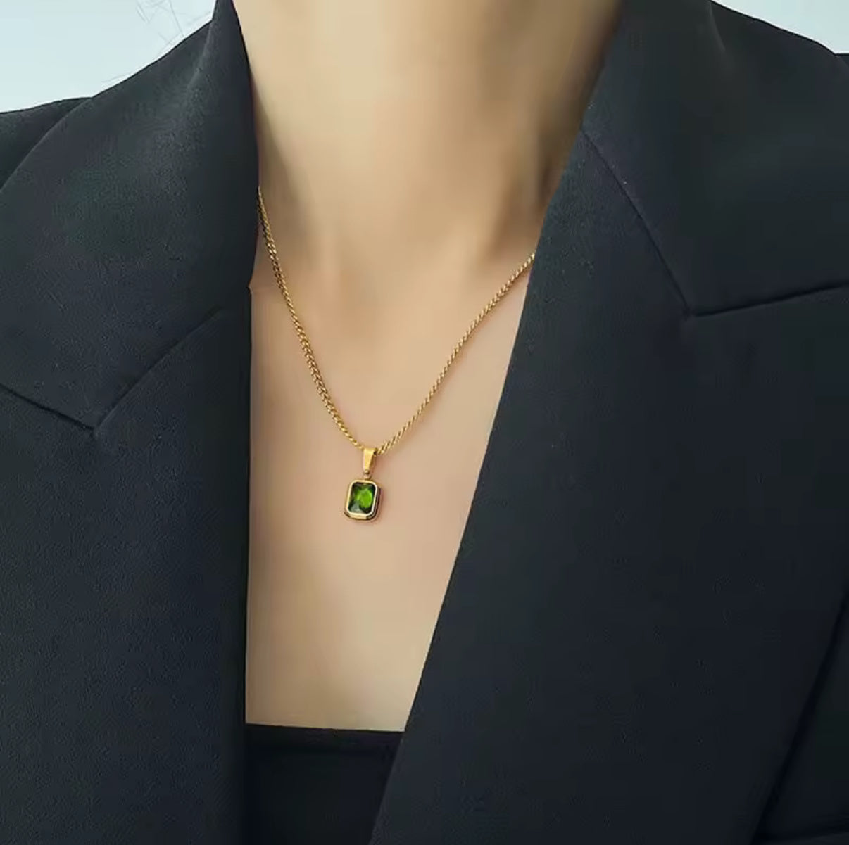 OIMG 316L Stainless Steel Gold Plated Emerald Zirconia Geometric Square Pendant Necklace For Women Girls Temperament Jewelry