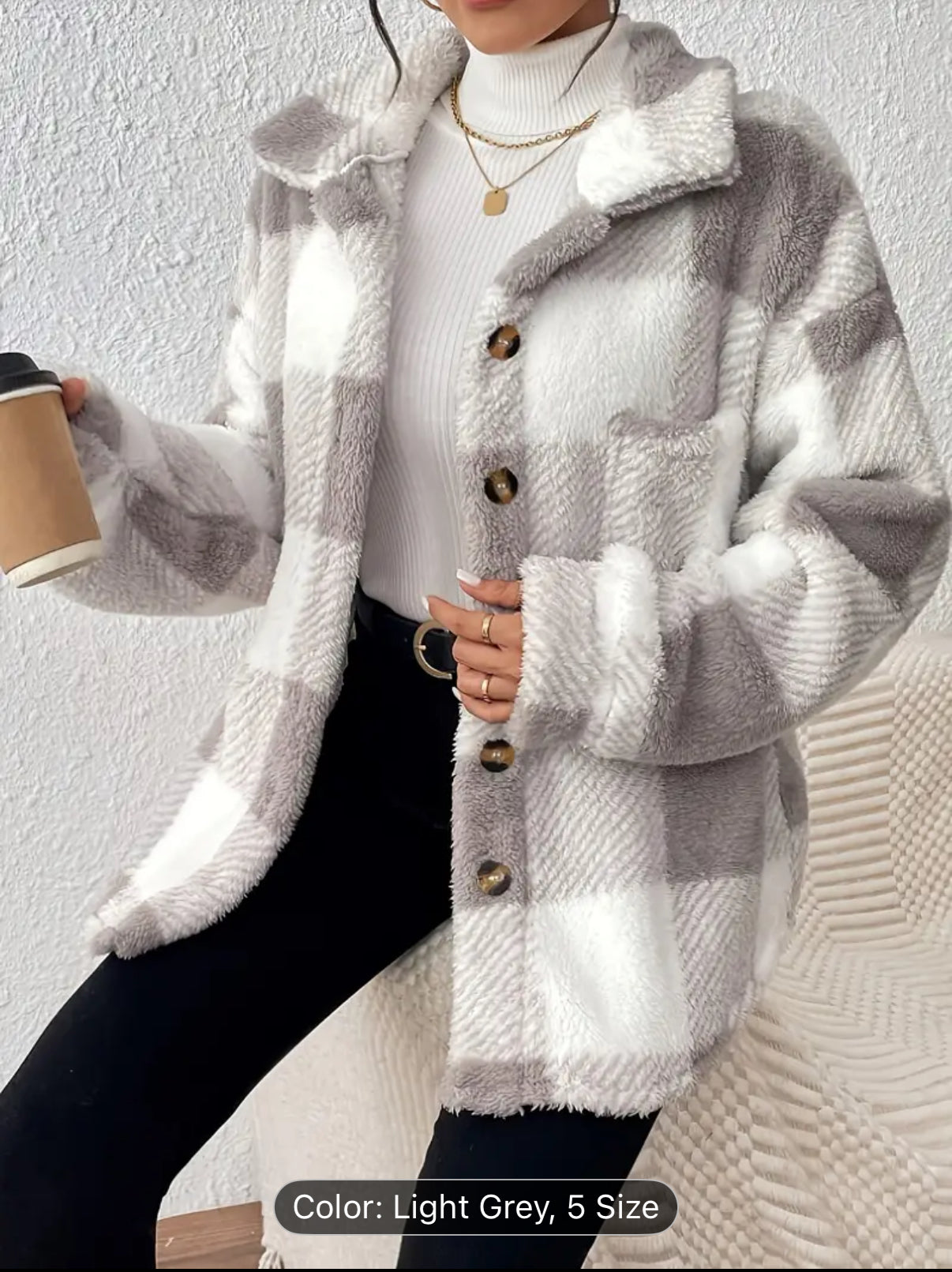 Women'S Elegant Plaid Faux Fur Jacket with Button Front - Cozy Fall/Winter Casual Outerwear, & Checkered Pattern, Long Sleeve, Button-Up Design, Perfect for Casual Attire, Winter Jacket