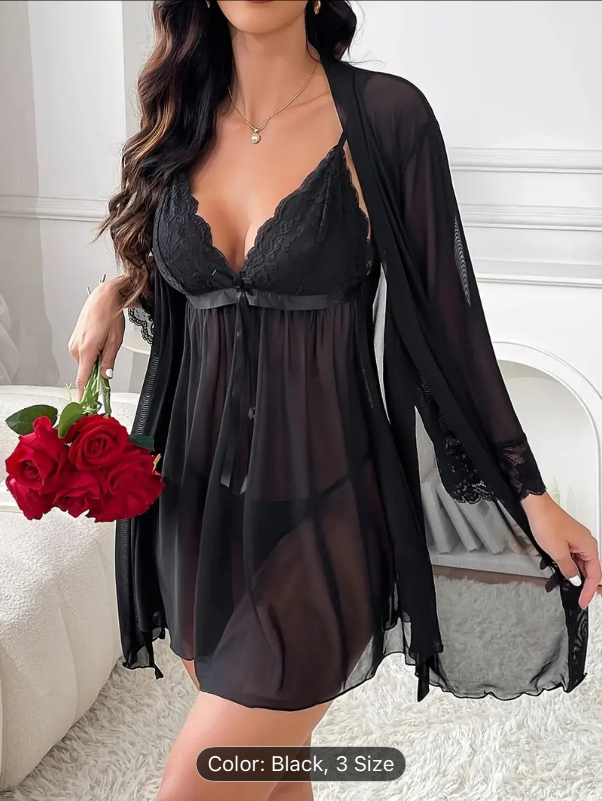 Sexy Black Lace-Trimmed Mesh Sheer Nightgown with Tie-Back Detail - Elegant Sleepwear for Women, Perfect for Home or Special Occasions, Sexy Nightwear|Sleek Nightgown|Lace Trim Detail