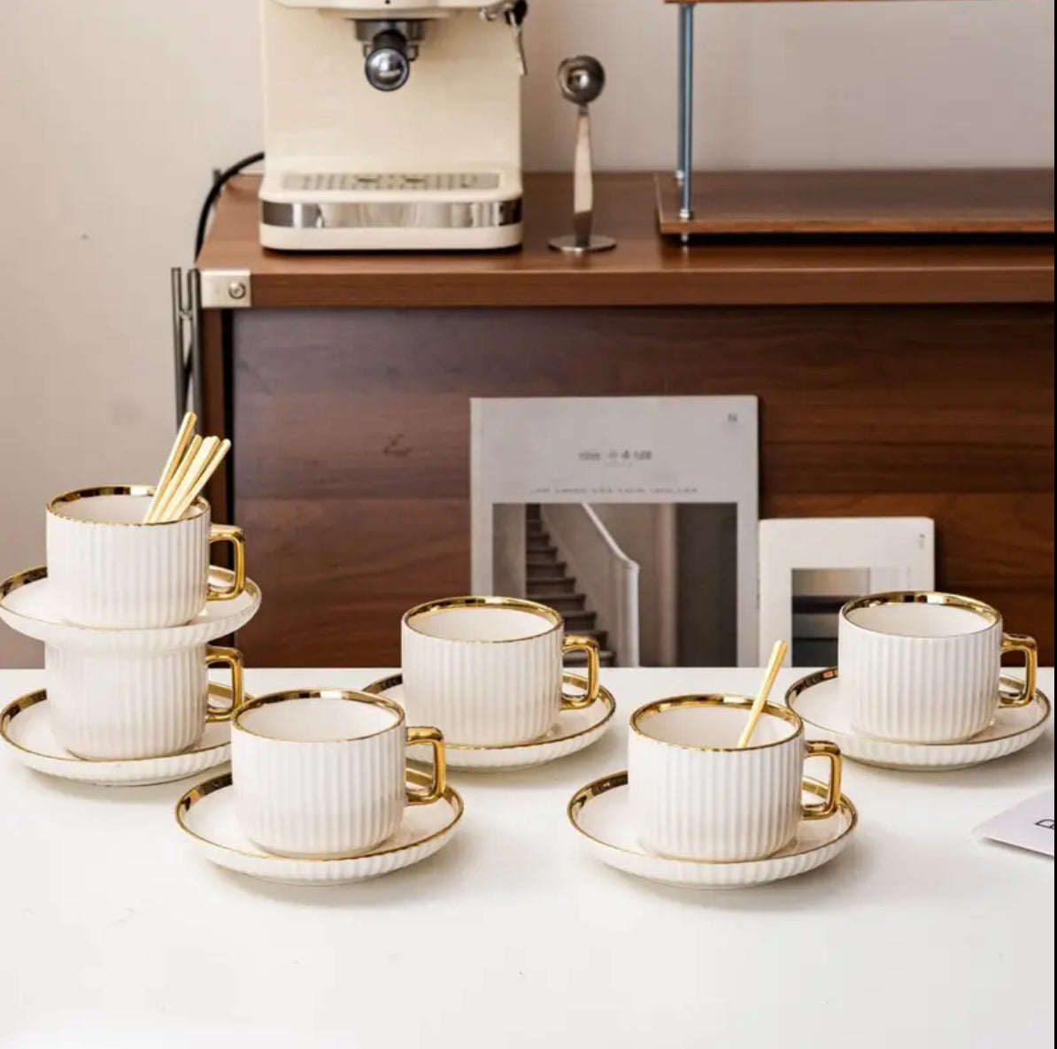 6 Sets, Ceramic Coffee Cup and Saucer Set with Spoons, Includes 2 Cups, Plates and 2 Spoons, Golden Edge Design, Suitable for Afternoon Coffee, Tea Drinking, Home Water Drinking Cup, High-looking Cup and Plate Set for Family Kitchen Life, Holiday Gifts