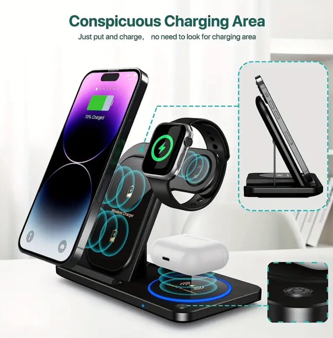 A 3-In-1 Foldable Wireless Charging Station That Quickly Charges Iphones 17 Through 8, Including Pro, Max, Mini, And SE Models, As Well As Various for iwatch And for airpods Versions, Phone Holder For Desk, Phone Stand For Desk, Phone Holder Stand, Phone