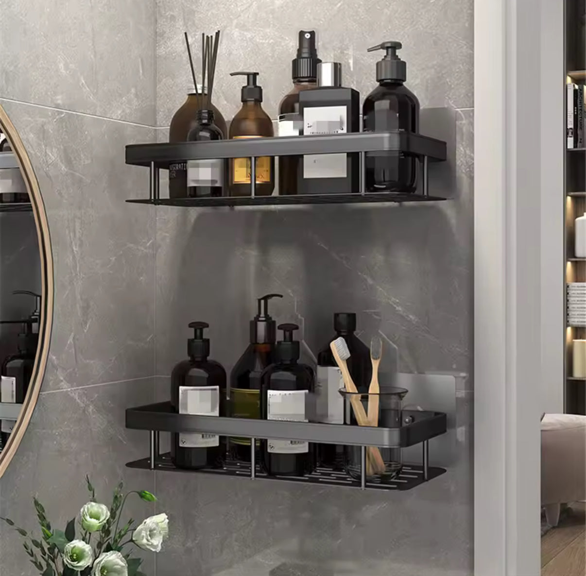 Punch-free Bathroom Shelf Shelves Wall Mounted Shampoo Storage Rack For Kitchen Holder Square Aluminum Bath Organizer Accessorie