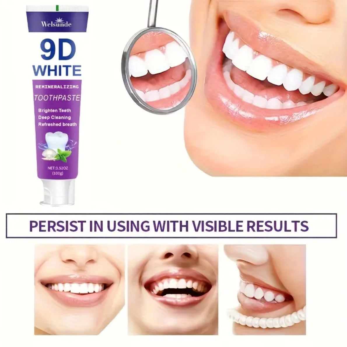 9D White Toothpaste for Deep Cleaning & Brighter Smile, Purple Hydroxyapatite Toothpaste - European Formula with Minty Fresh Breath, Gentle on Gums, Travel-Size 100g/3.52oz, Ideal Oral Hygiene Gift for Women & Men, suitable for everyday