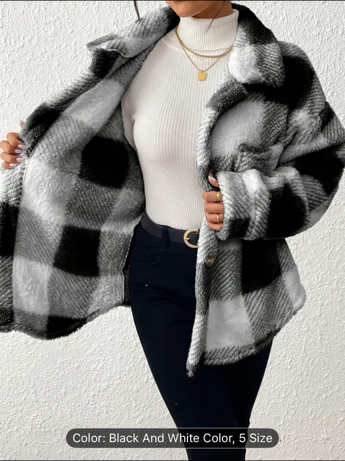 Women'S Elegant Plaid Faux Fur Jacket with Button Front - Cozy Fall/Winter Casual Outerwear, & Checkered Pattern, Long Sleeve, Button-Up Design, Perfect for Casual Attire, Winter Jacket