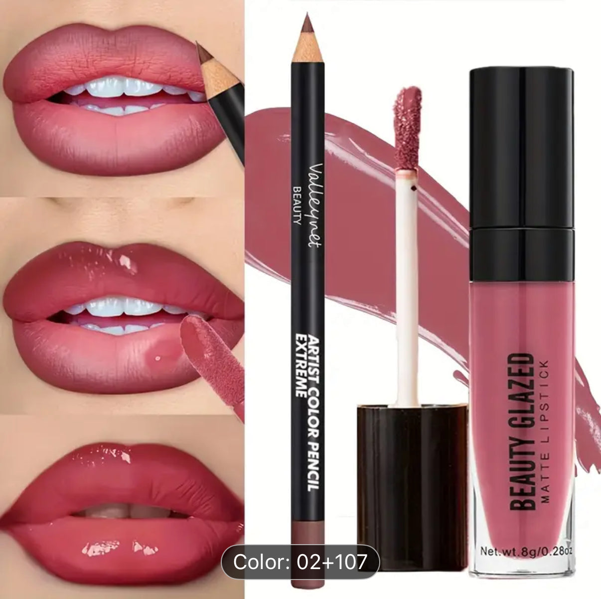 BEAUTYGLAZED 2pcs/set Velvet Texture Lip Makeup Set-Lip Liner+Lip Glaze-Waterproof Long-lasting Matte Effect, Red, Brown Colors, Create a Moisturizing and Natural Lip Makeup