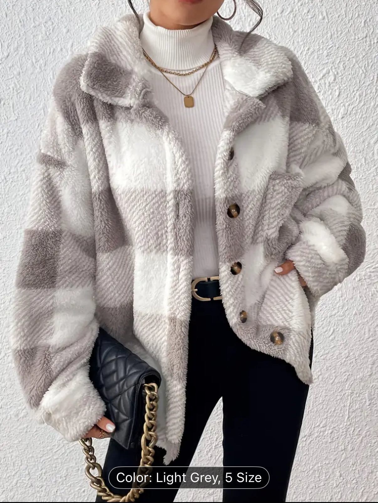 Women'S Elegant Plaid Faux Fur Jacket with Button Front - Cozy Fall/Winter Casual Outerwear, & Checkered Pattern, Long Sleeve, Button-Up Design, Perfect for Casual Attire, Winter Jacket