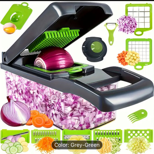 16pcs/Set, Vegetable Chopper, Multifunctional Fruit Slicer, veggie slicer, Vegetable Slicer, Cutter with Container, Onion Mincer Chopper with Multiple Interchangeable Blades, Household Potato Shredder, Kitchen Stuff, Kitchen Gadgets