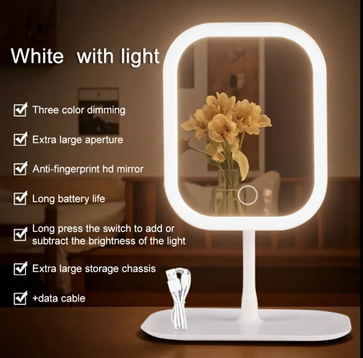 LED Makeup Mirror with Lights, Vanity Lighted Compact Folding Portable Touch Control 3-Light Modes for Women - Recharge Battery