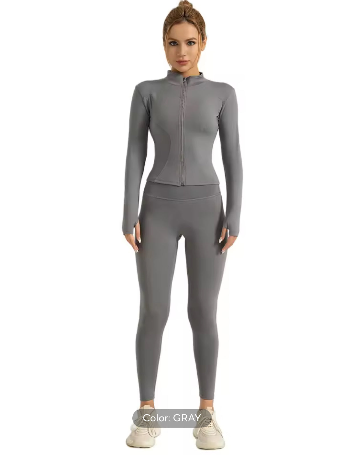 Fitfemme Two-piece Set Women's Solid Zip UpMock Neck Sports Jacket & HighWaist Leggings Set, SportyBreathable Quick Drying