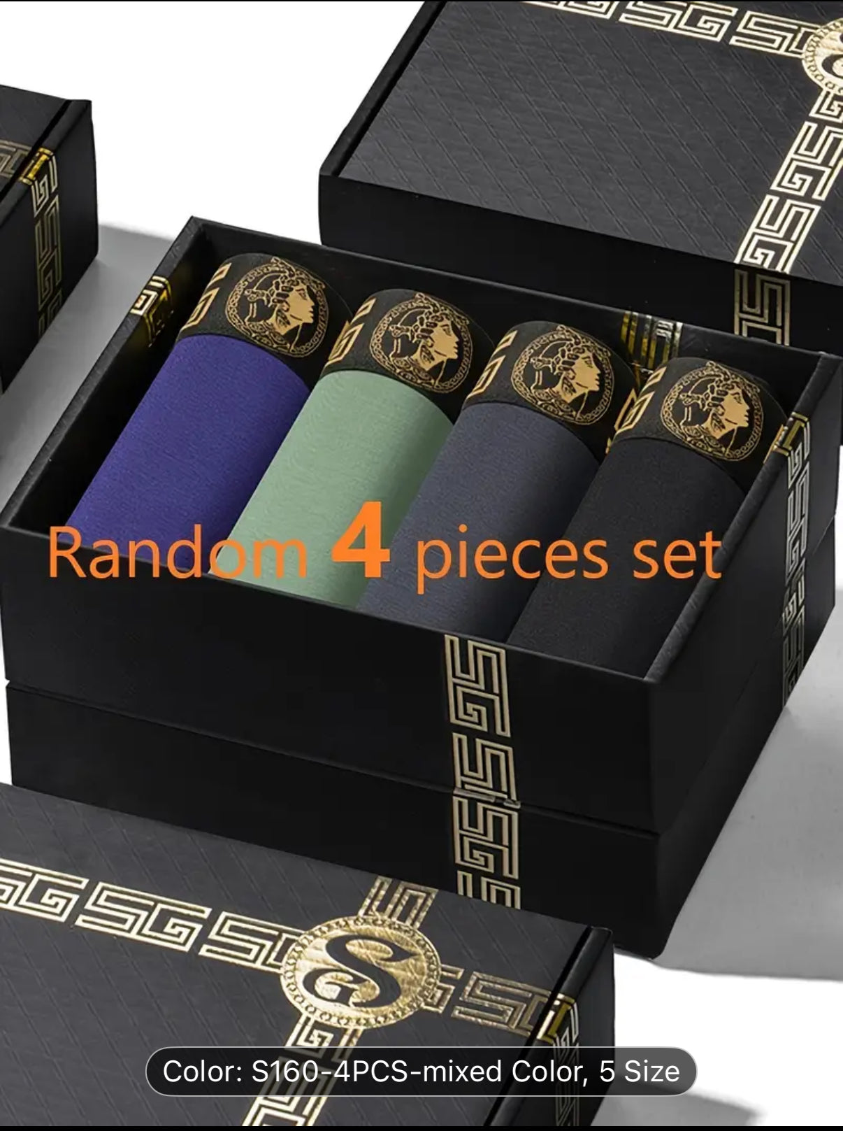 Random 4pcs EACIECK Men'S Athletic Shorts, Black & Golden Gift Box, Viscose & Elastane Blend, Medium Stretch, Solid Color, Regular Fit, Knit Fabric, 160Gsm, Daily & Casual Wear