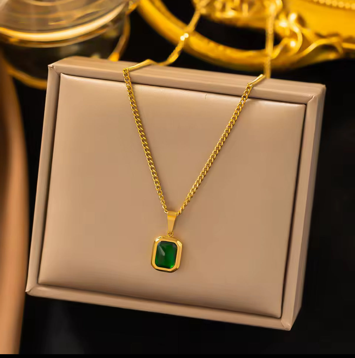 OIMG 316L Stainless Steel Gold Plated Emerald Zirconia Geometric Square Pendant Necklace For Women Girls Temperament Jewelry