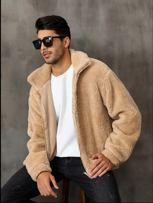 RELISH NOLESS Men's Casual Fleece Jacket - Warm, Zip-Up Winter Coat with Stand Collar & Pockets