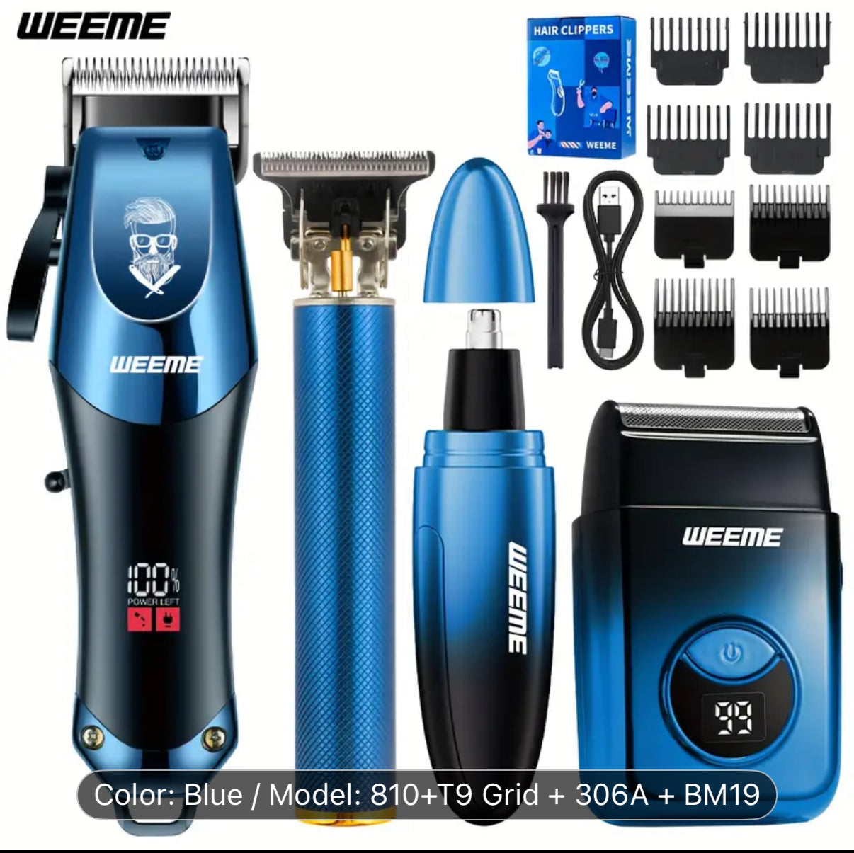 WEEME 4pcs Men's electric hair clipper, nose hair clipper, shaver set - wireless USB charging professional hair clipper set with lithium battery - his ideal gift, hair accessories | modern hair clipper tools | fashionable blue gradient design