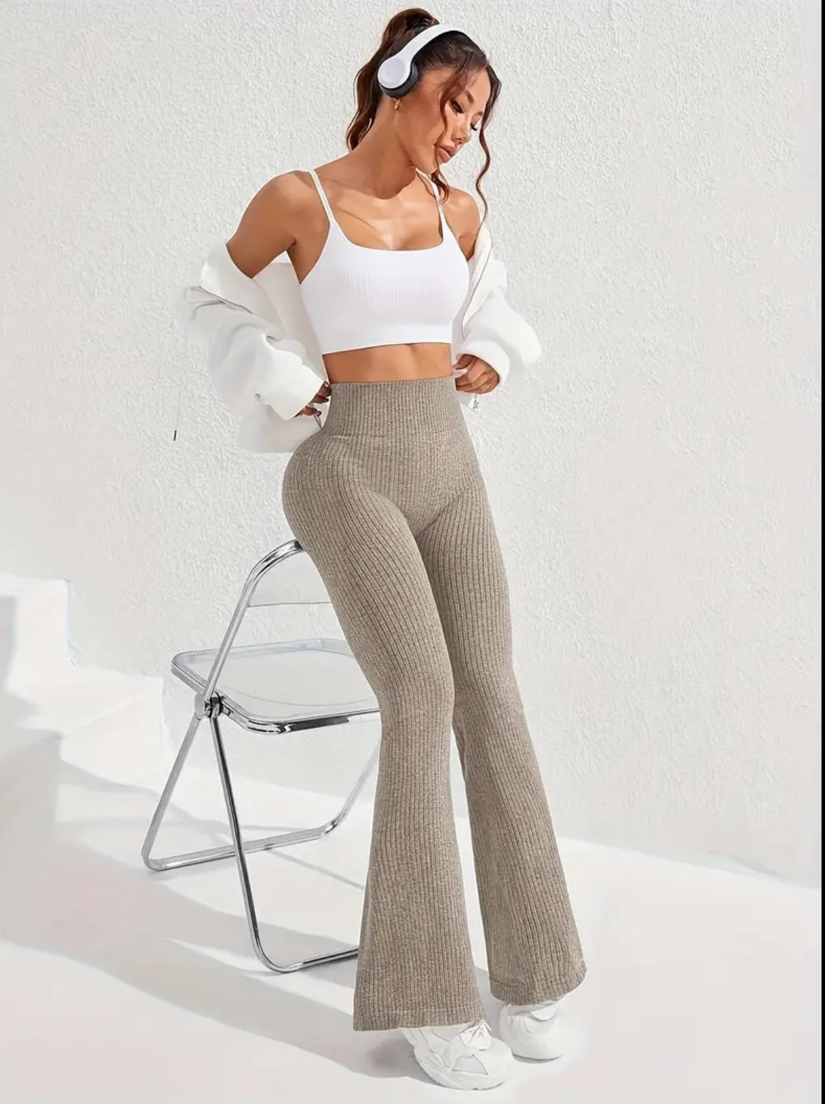 Women's High-Waisted Tummy Control Workout Leggings - 4D Textured Ribbed Flared Pants with Compression Fit, Lift & Seamless Design for Gym Running Casual Wear, All-Season Stretchy Ribbed Fabric, Tummy Control Shapewear, Fitness Apparel, Smooth Compression