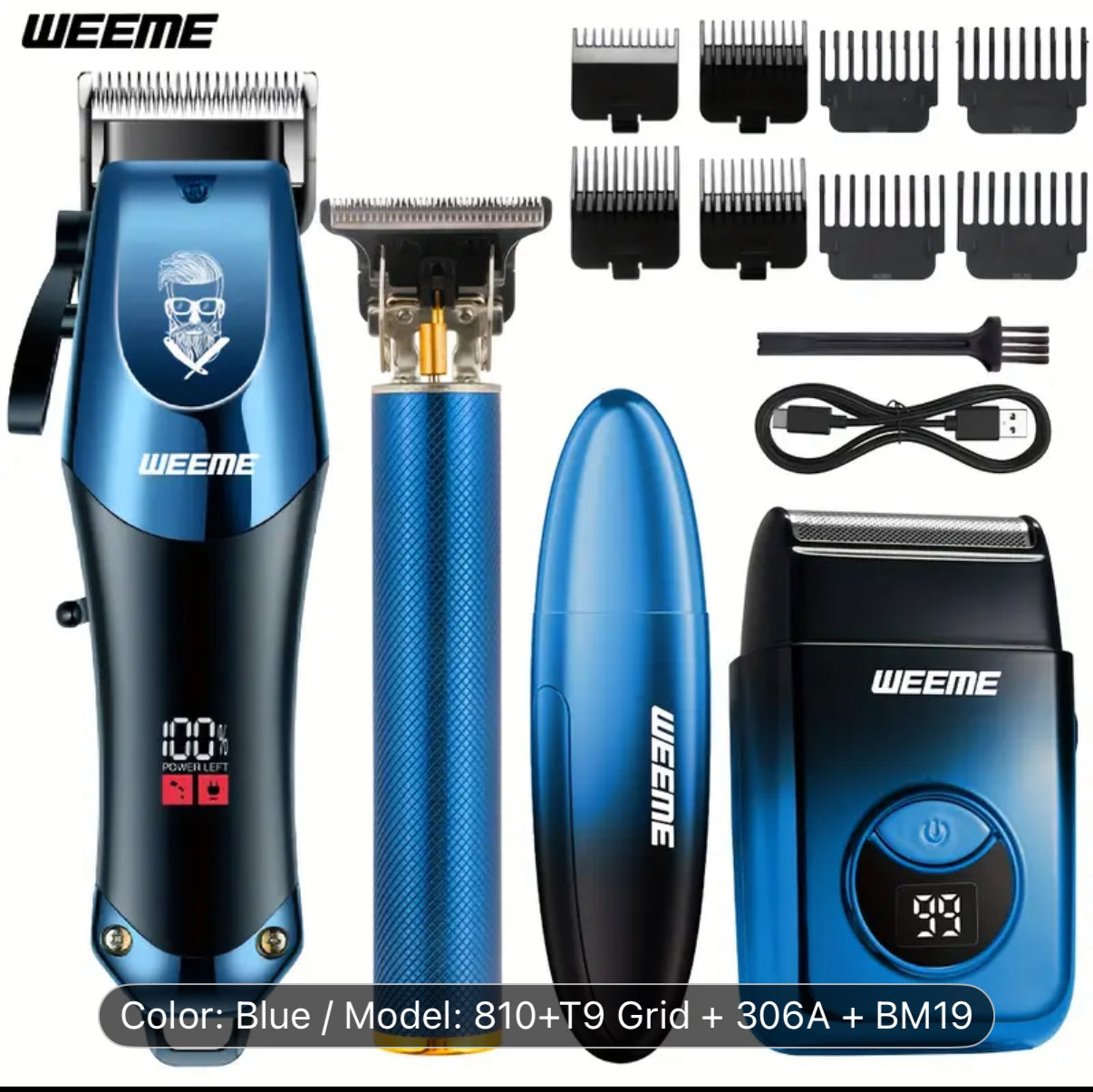WEEME 4pcs Men's electric hair clipper, nose hair clipper, shaver set - wireless USB charging professional hair clipper set with lithium battery - his ideal gift, hair accessories | modern hair clipper tools | fashionable blue gradient design