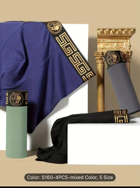 Random 4pcs EACIECK Men'S Athletic Shorts, Black & Golden Gift Box, Viscose & Elastane Blend, Medium Stretch, Solid Color, Regular Fit, Knit Fabric, 160Gsm, Daily & Casual Wear