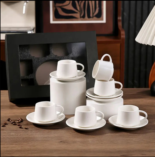 12pcs Ceramic Coffee Cup and Saucer Set - Round, Reusable & Versatile