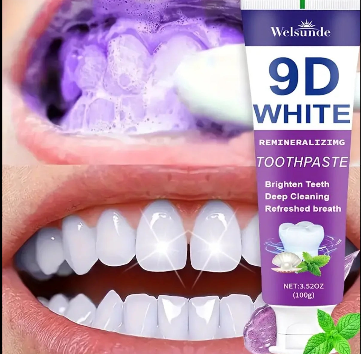9D White Toothpaste for Deep Cleaning & Brighter Smile, Purple Hydroxyapatite Toothpaste - European Formula with Minty Fresh Breath, Gentle on Gums, Travel-Size 100g/3.52oz, Ideal Oral Hygiene Gift for Women & Men, suitable for everyday
