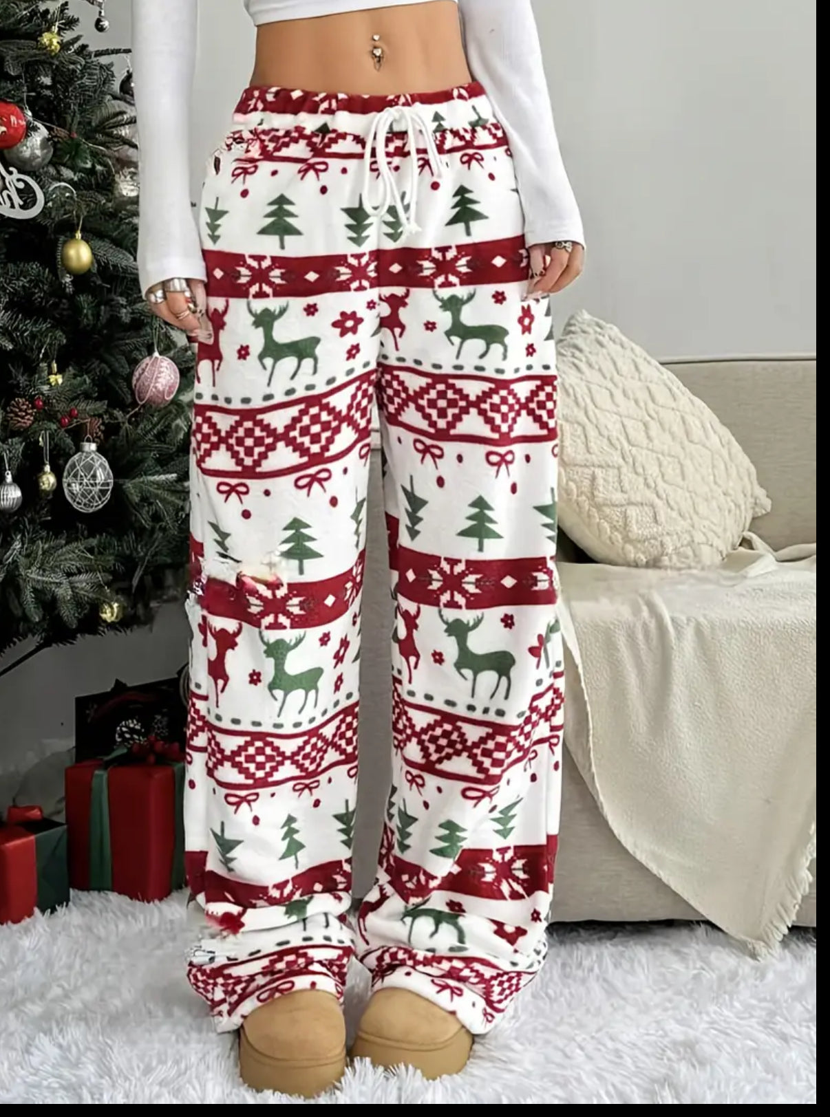 1pc Cozy Christmas Pajama Pants, Casual Polyester Knit Fabric with Drawstring, Straight Leg, Festive Holiday Pattern for Adults - Fall/Winter Season