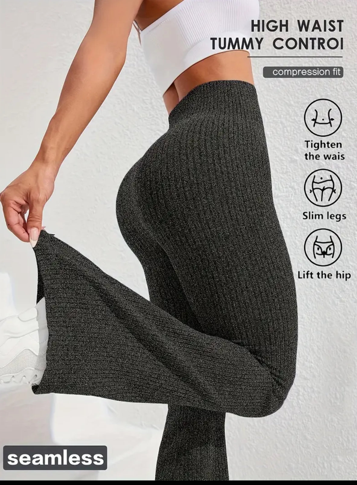 Women's High-Waisted Tummy Control Workout Leggings - 4D Textured Ribbed Flared Pants with Compression Fit, Lift & Seamless Design for Gym Running Casual Wear, All-Season Stretchy Ribbed Fabric, Tummy Control Shapewear, Fitness Apparel, Smooth Compression