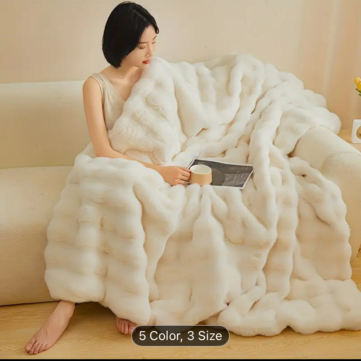 High luxury soft rabbit like plush blanket, autumn and winter thick warm bed blanket cover, Light Beige friendly and comfortable, providing all day warmth and comfort, suitable for sofas, beds, offices and travel, multi-purpose blanket, Christmas gift, Wi
