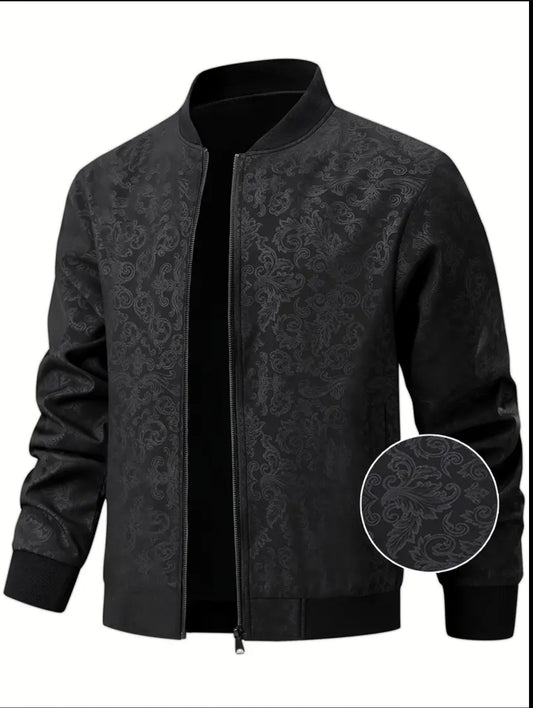 Men'S Casual Bomber Jacket with Phoenix Print, 97% Polyester 3% Spandex, Windproof for Spring & Fall, Baseball Collar, Zip-Up Design, Windbreaker Jacket