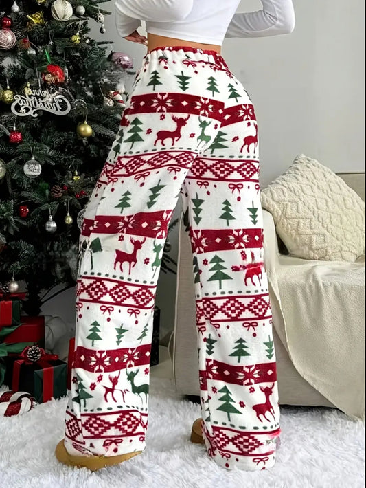 1pc Cozy Christmas Pajama Pants, Casual Polyester Knit Fabric with Drawstring, Straight Leg, Festive Holiday Pattern for Adults - Fall/Winter Season