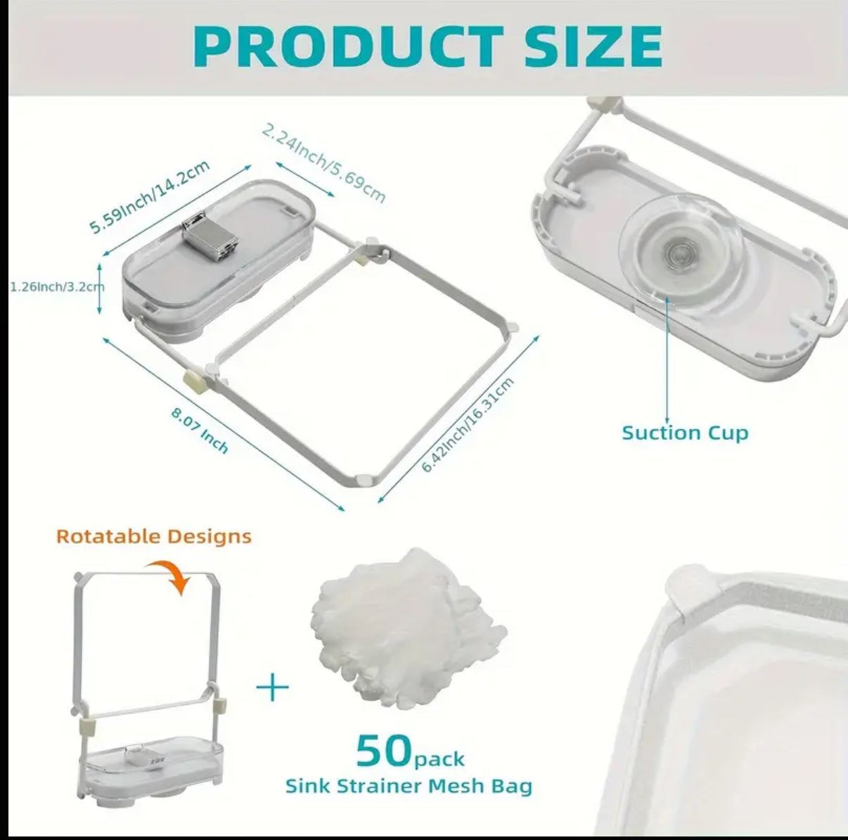 Sink Suction Cup Foldable Metal and Plastic Filter - 50 Removable Mesh Bags, Side-Mounted Kitchen Drain Strainer with Collapsible Basket for Food Waste Collection free