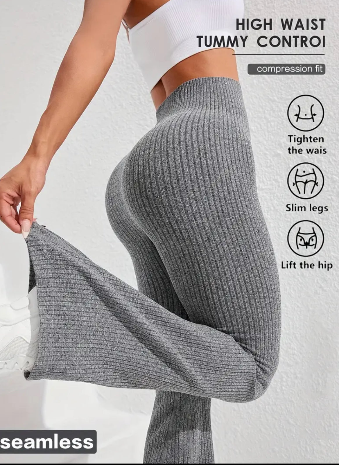 Women's High-Waisted Tummy Control Workout Leggings - 4D Textured Ribbed Flared Pants with Compression Fit, Lift & Seamless Design for Gym Running Casual Wear, All-Season Stretchy Ribbed Fabric, Tummy Control Shapewear, Fitness Apparel, Smooth Compression