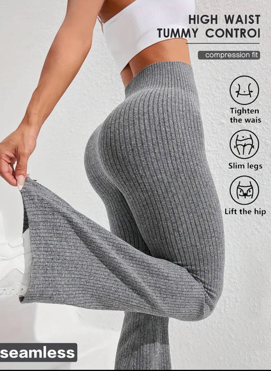 Women's High-Waisted Tummy Control Workout Leggings - 4D Textured Ribbed Flared Pants with Compression Fit, Lift & Seamless Design for Gym Running Casual Wear, All-Season Stretchy Ribbed Fabric, Tummy Control Shapewear, Fitness Apparel, Smooth Compression