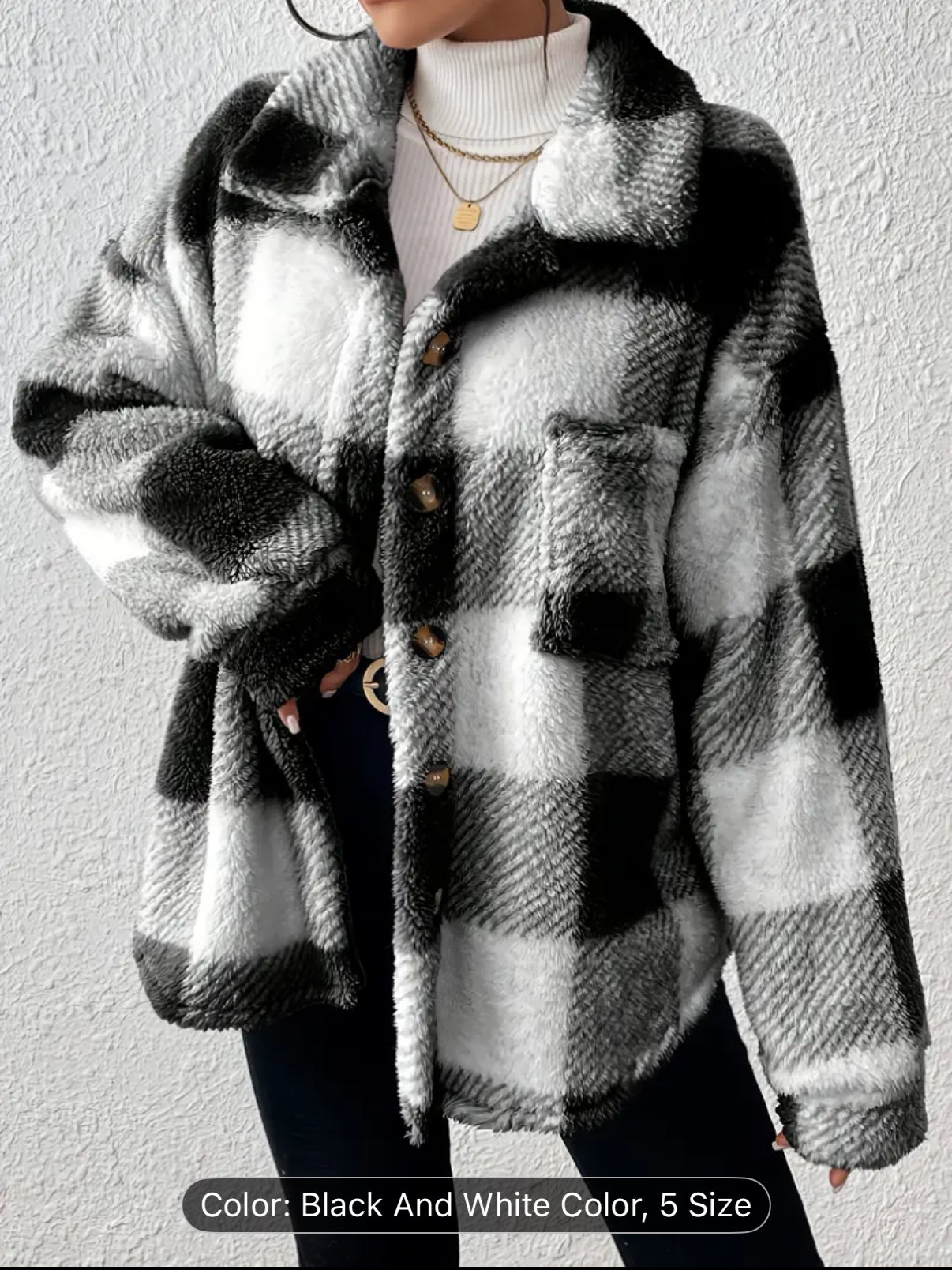 Women'S Elegant Plaid Faux Fur Jacket with Button Front - Cozy Fall/Winter Casual Outerwear, & Checkered Pattern, Long Sleeve, Button-Up Design, Perfect for Casual Attire, Winter Jacket