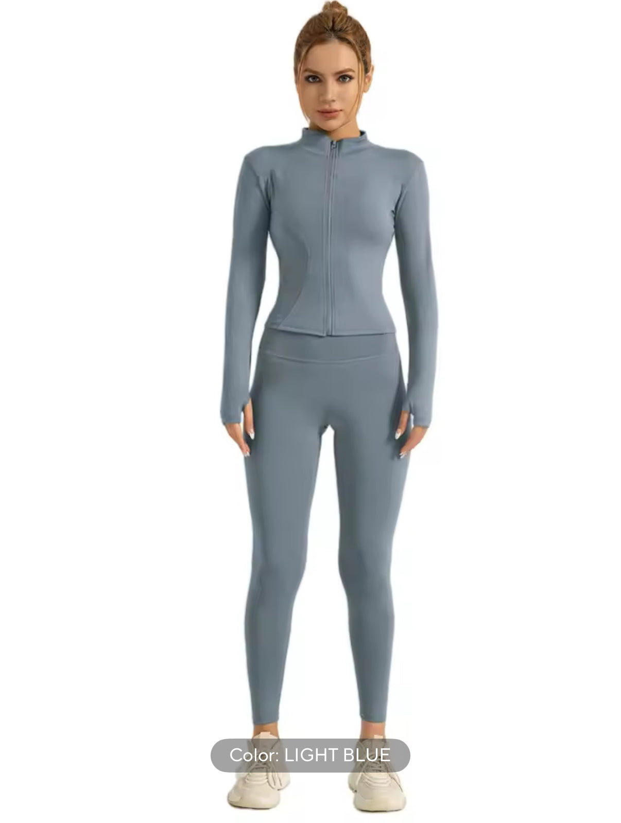 Fitfemme Two-piece Set Women's Solid Zip UpMock Neck Sports Jacket & HighWaist Leggings Set, SportyBreathable Quick Drying