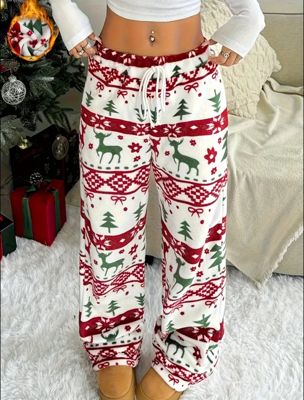 1pc Cozy Christmas Pajama Pants, Casual Polyester Knit Fabric with Drawstring, Straight Leg, Festive Holiday Pattern for Adults - Fall/Winter Season