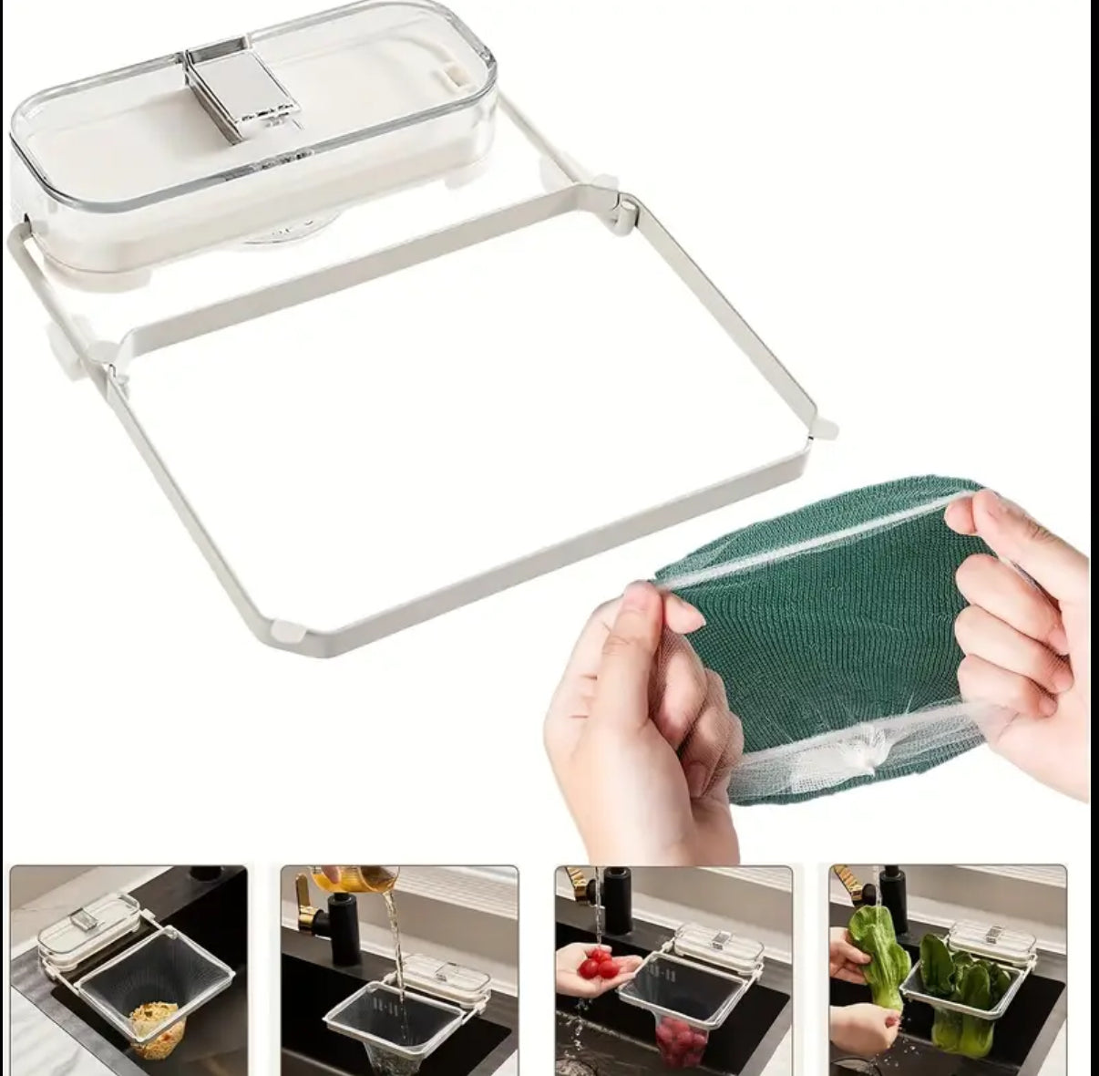 Sink Suction Cup Foldable Metal and Plastic Filter - 50 Removable Mesh Bags, Side-Mounted Kitchen Drain Strainer with Collapsible Basket for Food Waste Collection free