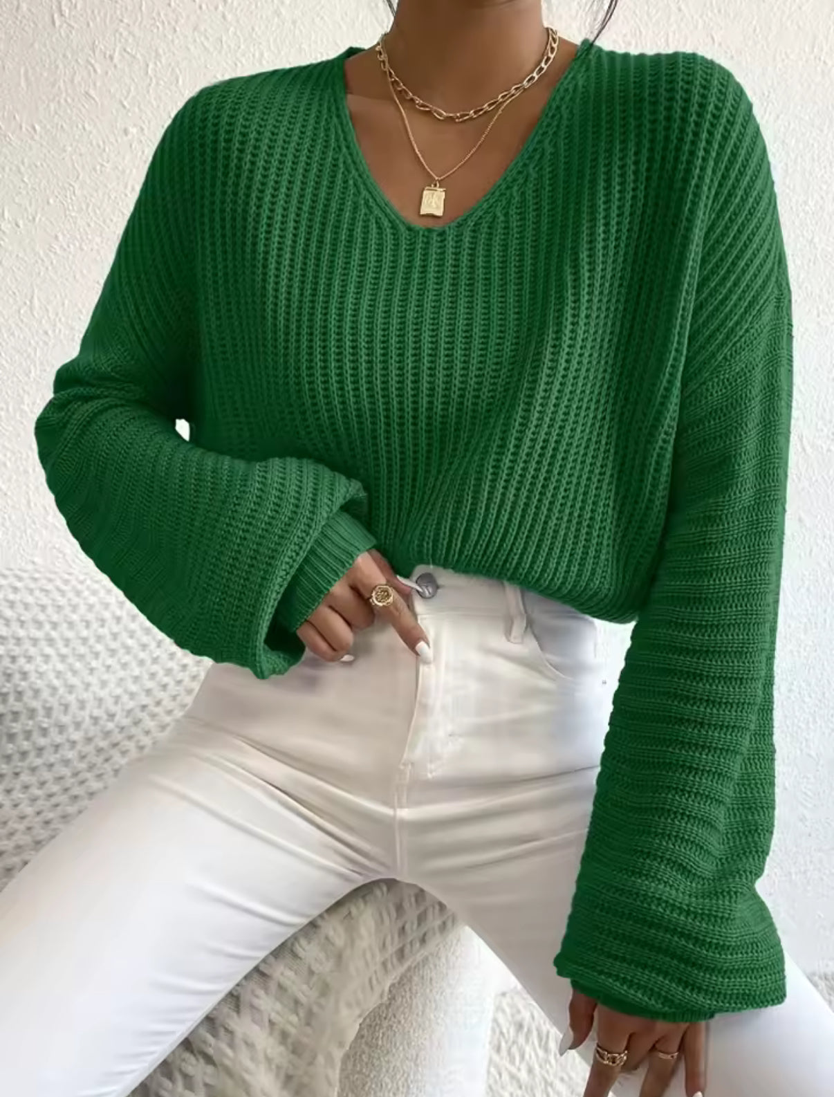 Autumn Winter Versatile Casual Knitted Female Tops V Neck Pullovers Women Solid Color Loose Lantern Long Sleeve Sweater Jumpers