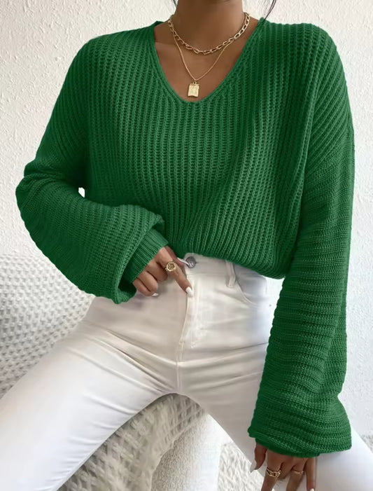 Autumn Winter Versatile Casual Knitted Female Tops V Neck Pullovers Women Solid Color Loose Lantern Long Sleeve Sweater Jumpers