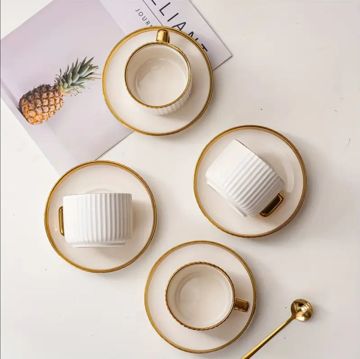 6 Sets, Ceramic Coffee Cup and Saucer Set with Spoons, Includes 2 Cups, Plates and 2 Spoons, Golden Edge Design, Suitable for Afternoon Coffee, Tea Drinking, Home Water Drinking Cup, High-looking Cup and Plate Set for Family Kitchen Life, Holiday Gifts