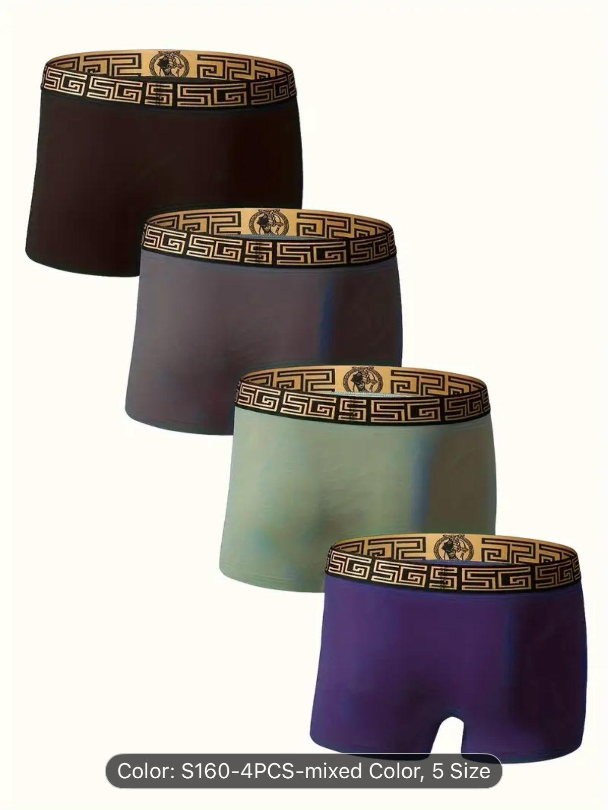 Random 4pcs EACIECK Men'S Athletic Shorts, Black & Golden Gift Box, Viscose & Elastane Blend, Medium Stretch, Solid Color, Regular Fit, Knit Fabric, 160Gsm, Daily & Casual Wear