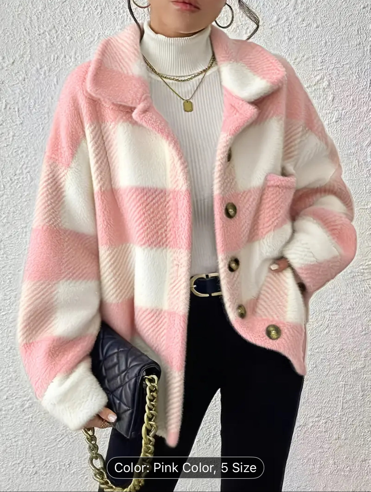 Women'S Elegant Plaid Faux Fur Jacket with Button Front - Cozy Fall/Winter Casual Outerwear, & Checkered Pattern, Long Sleeve, Button-Up Design, Perfect for Casual Attire, Winter Jacket