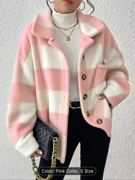 Women'S Elegant Plaid Faux Fur Jacket with Button Front - Cozy Fall/Winter Casual Outerwear, & Checkered Pattern, Long Sleeve, Button-Up Design, Perfect for Casual Attire, Winter Jacket
